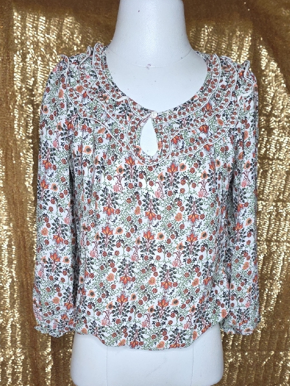 Max Studio Cream Floral Keyhole Peasant Blouse with Orange & Green Print